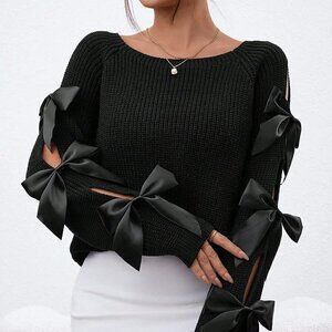 Black Preppy Womens Bow Detail Cut Out Raglan Sleeve Sweater